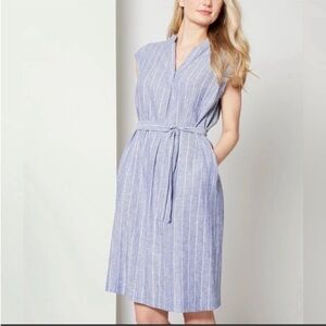 Jones New York Blue and White Sheath Midi Dress V-neck Short Sleeve